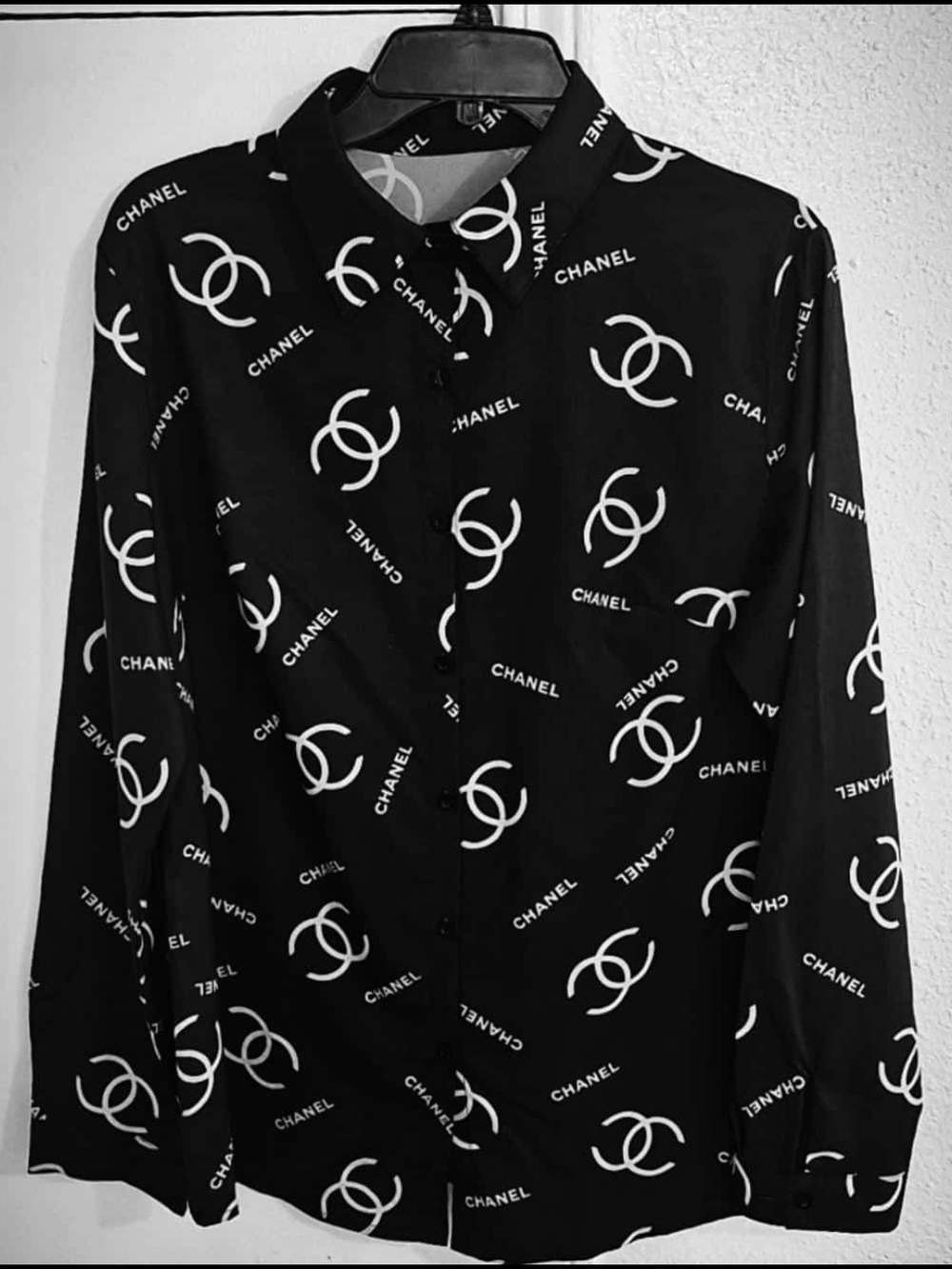 CHANEL Black Shirt with White Logo Print